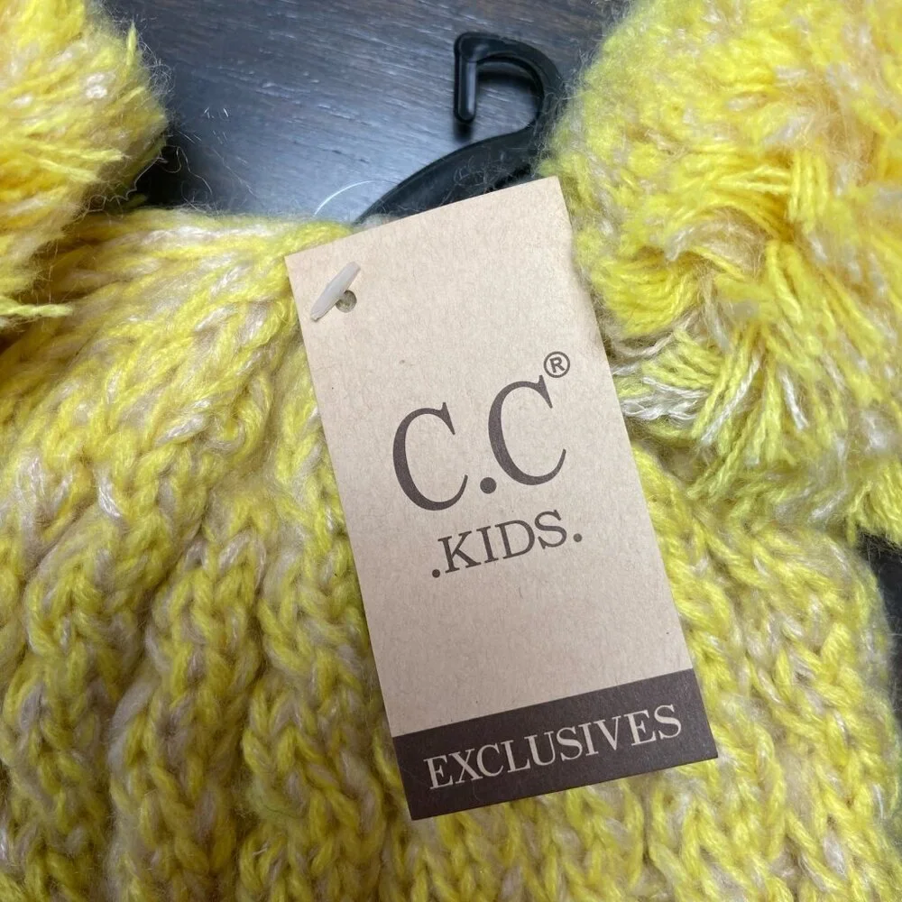 C.C. Kids Double Pom Beanie Yellow Knit Hat NWT